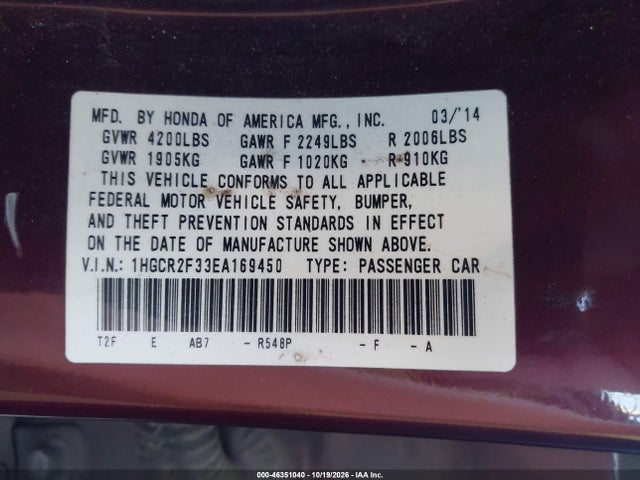 46351040 :رقم المزاد ، 1HGCR2F33EA169450 vin ، 2014 Honda Accord Lx مزاد بيع