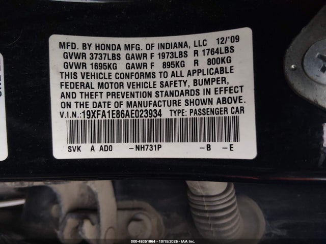 46351064 :رقم المزاد ، 19XFA1E86AE023934 vin ، 2010 Honda Civic Ex مزاد بيع