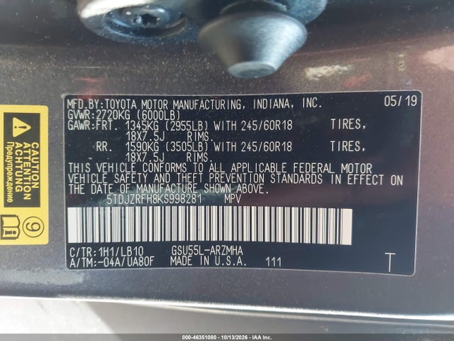 Aukcja sprzedaży 2019 Toyota Highlander Xle, vin: 5TDJZRFH8KS998281, numer aukcji: 46351080