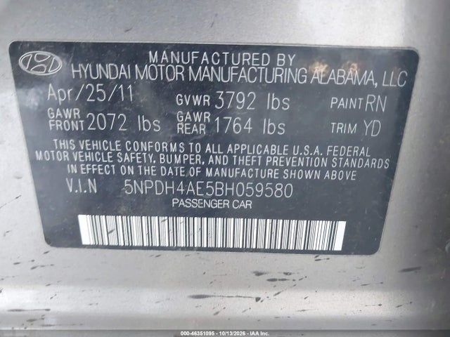 46351095 :رقم المزاد ، 5NPDH4AE5BH059580 vin ، 2011 Hyundai Elantra Gls مزاد بيع