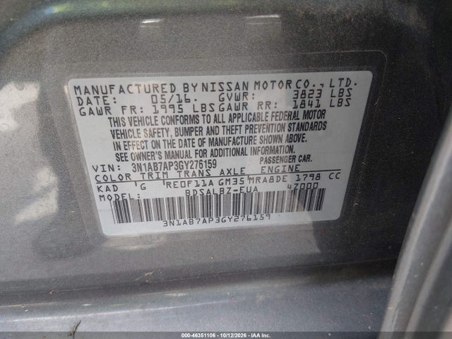 Aukcja sprzedaży 2016 Nissan Sentra Fe+ S/s/sl/sr/sv, vin: 3N1AB7AP3GY276159, numer aukcji: 46351106