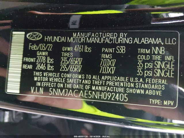 Продажа на аукционе авто 2022 Hyundai Tucson Se, vin: 5NMJACAE5NH092405, номер лота: 46351120