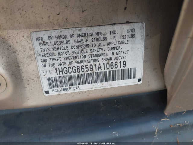 Aukcja sprzedaży 2001 Honda Accord 2.3 Lx, vin: 1HGCG66591A106619, numer aukcji: 46351179