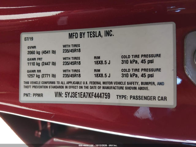 Tesla Model 3 Long Range/mid Range/standard Range/standard Range Plus 2019 5YJ3E1EA7KF444759 Image 9