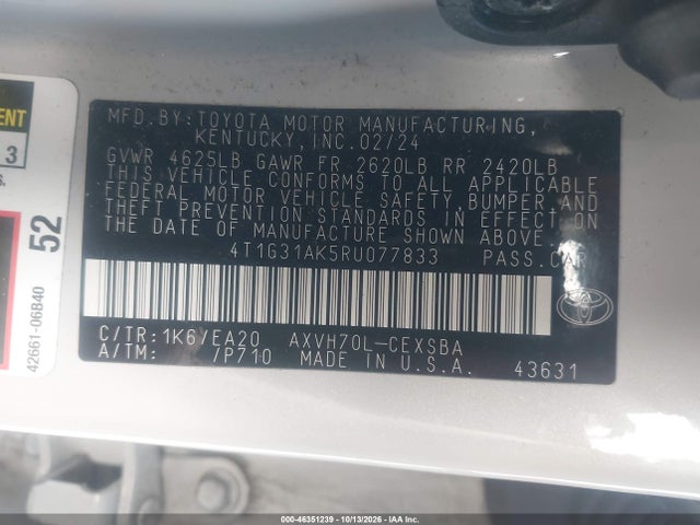 Aukcja sprzedaży 2024 Toyota Camry Hybrid Se, vin: 4T1G31AK5RU077833, numer aukcji: 46351239