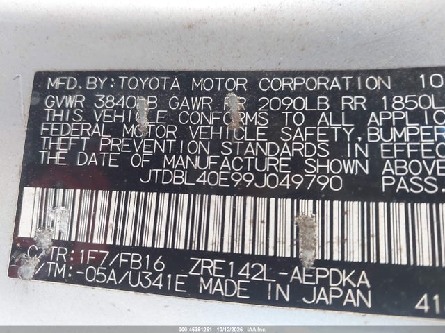2009 Toyota Corolla Le მანქანა იყიდება აუქციონზე, vin: JTDBL40E99J049790, აუქციონის ნომერი: 46351251