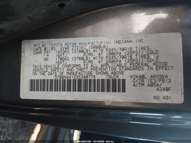 46351255 :رقم المزاد ، 5TBBN44123S380778 vin ، 2003 Toyota Tundra Sr5 مزاد بيع