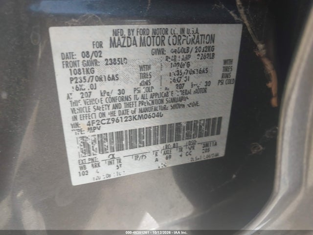 Продажа на аукционе авто 2003 Mazda Tribute Es V6, vin: 4F2CZ96123KM06040, номер лота: 46351261
