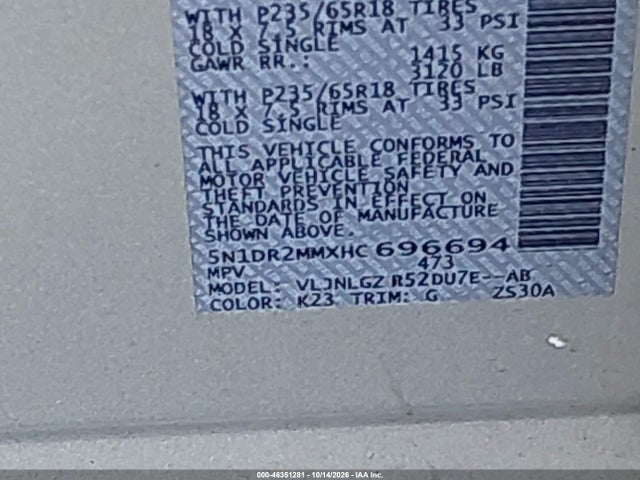 46351281 :رقم المزاد ، 5N1DR2MMXHC696694 vin ، 2017 Nissan Pathfinder Sl مزاد بيع