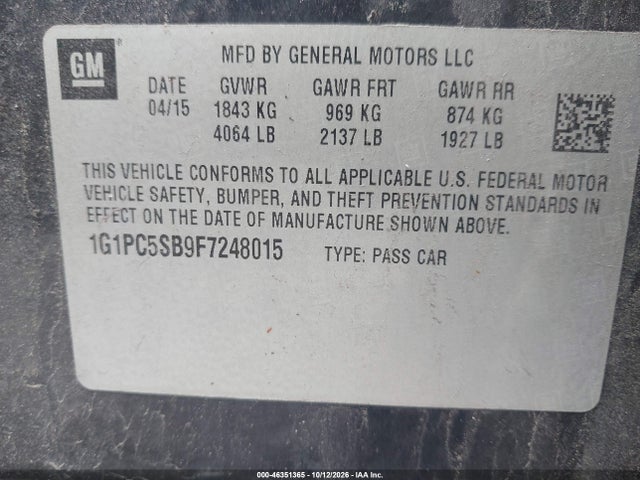Aukcja sprzedaży 2015 Chevrolet Cruze 1lt Auto, vin: 1G1PC5SB9F7248015, numer aukcji: 46351365