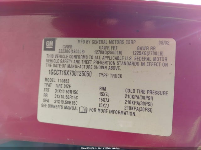 2003 Chevrolet S-10 Ls მანქანა იყიდება აუქციონზე, vin: 1GCCT19X738126050, აუქციონის ნომერი: 46351381