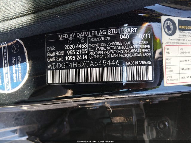2012 Mercedes-benz C 250 Sport მანქანა იყიდება აუქციონზე, vin: WDDGF4HBXCA645446, აუქციონის ნომერი: 46351418