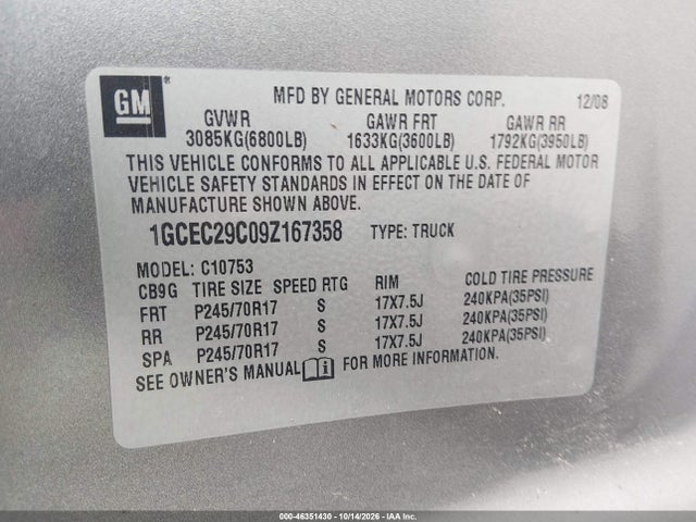 46351430 :رقم المزاد ، 1GCEC29C09Z167358 vin ، 2009 Chevrolet Silverado 1500 Lt مزاد بيع
