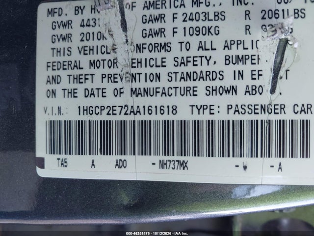 2010 Honda Accord 2.4 Ex მანქანა იყიდება აუქციონზე, vin: 1HGCP2E72AA161618, აუქციონის ნომერი: 46351475