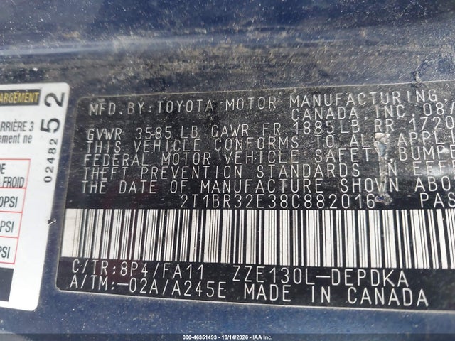 Продаж на аукціоні авто 2008 Toyota Corolla Ce/le/s, vin: 2T1BR32E38C882016, номер лоту: 46351493
