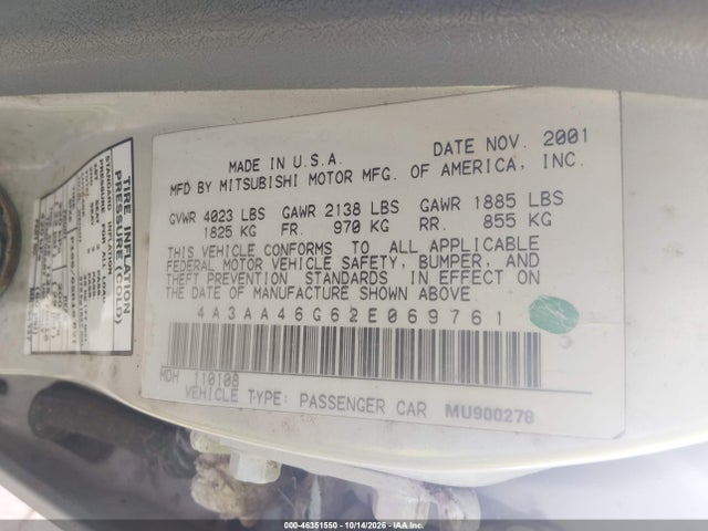 46351550 :رقم المزاد ، 4A3AA46G62E069761 vin ، 2002 Mitsubishi Galant Es/ls مزاد بيع