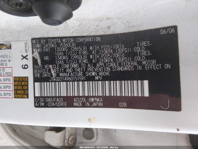 Aukcja sprzedaży 2006 Toyota Highlander, vin: JTEGD21A960151591, numer aukcji: 46351574