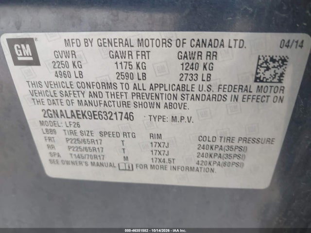 46351582 :رقم المزاد ، 2GNALAEK9E6321746 vin ، 2014 Chevrolet Equinox Ls مزاد بيع