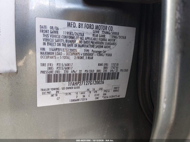 Aukcja sprzedaży 2007 Ford Five Hundred Sel, vin: 1FAHP27127G120026, numer aukcji: 46351590