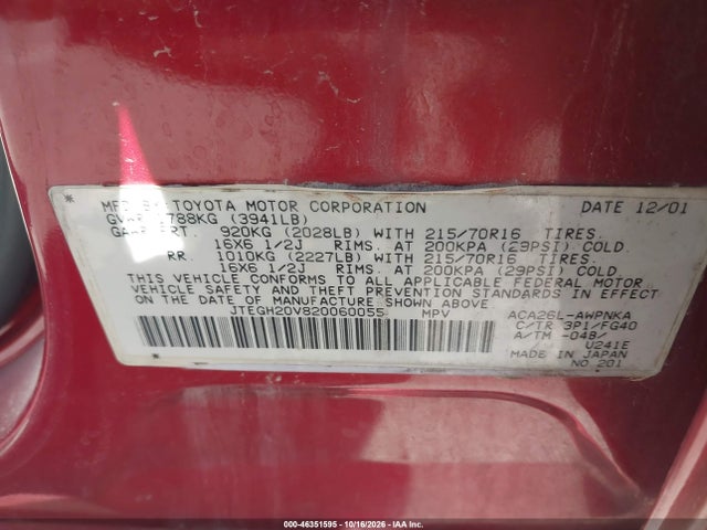 46351595 :رقم المزاد ، JTEGH20V820060055 vin ، 2002 Toyota Rav4 مزاد بيع