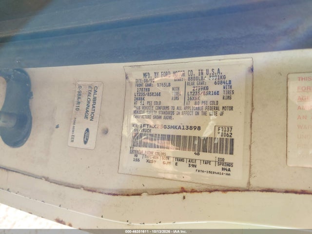 46351611 :رقم المزاد ، 1FTHX25G3MKA13898 vin ، 1991 Ford F250 مزاد بيع