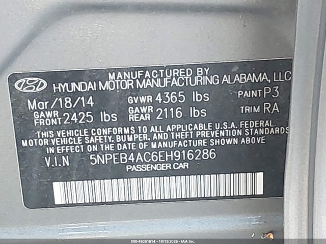 5NPEB4AC6EH916286 Hyundai SONATA GLS