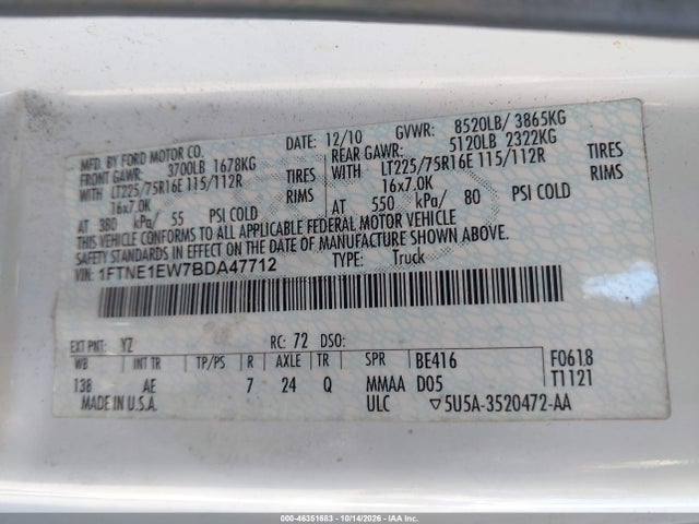 Продаж на аукціоні авто 2011 Ford E-150 Commercial, vin: 1FTNE1EW7BDA47712, номер лоту: 46351683