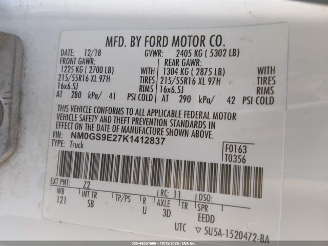 46351686 :رقم المزاد ، NM0GS9E27K1412837 vin ، 2019 Ford Transit Connect Xl مزاد بيع