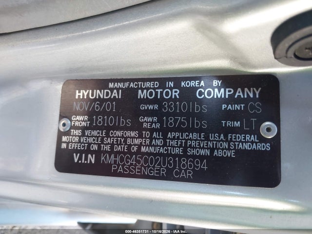 Aukcja sprzedaży 2002 Hyundai Accent Gl, vin: KMHCG45C02U318694, numer aukcji: 46351731