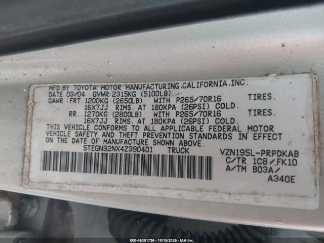 2004 Toyota Tacoma Prerunner V6 მანქანა იყიდება აუქციონზე, vin: 5TEGN92NX4Z390401, აუქციონის ნომერი: 46351736