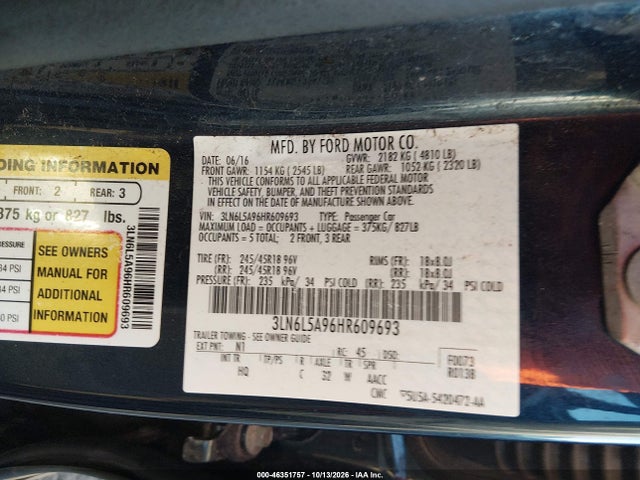 Продажа на аукционе авто 2017 Lincoln Mkz Premiere, vin: 3LN6L5A96HR609693, номер лота: 46351757
