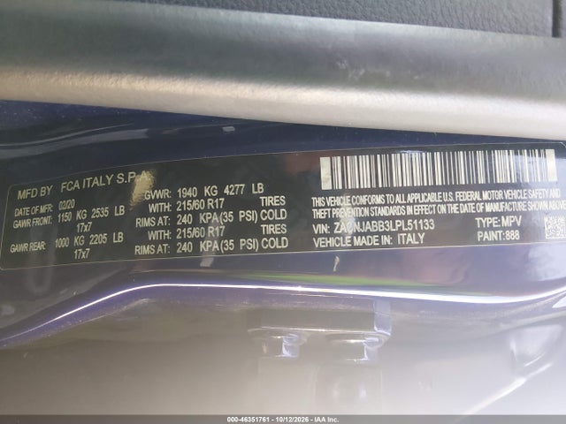 46351761 :رقم المزاد ، ZACNJABB3LPL51133 vin ، 2020 Jeep Renegade Latitude Fwd مزاد بيع