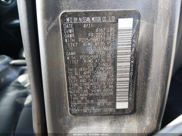 46351774 :رقم المزاد ، JN8AF5MV4BT020098 vin ، 2011 Nissan Juke Sl مزاد بيع