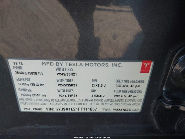 Продаж на аукціоні авто 2015 Tesla Model S 70d/85d/p85d, vin: 5YJSA1E21FF111057, номер лоту: 46351779