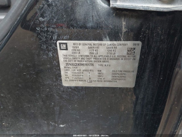 Aukcja sprzedaży 2017 Chevrolet Equinox Lt, vin: 2GNALCEK6H6161776, numer aukcji: 46351801