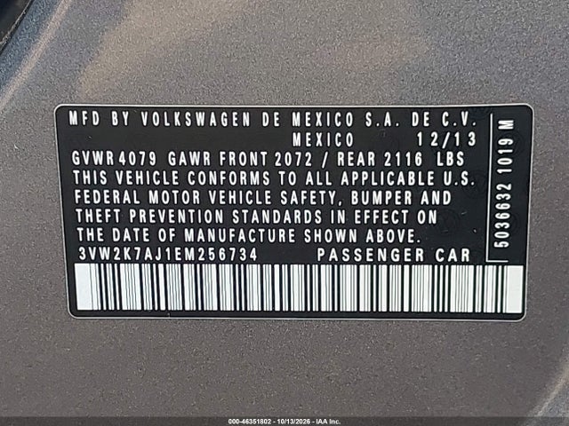 2014 Volkswagen Jetta 2.0l S მანქანა იყიდება აუქციონზე, vin: 3VW2K7AJ1EM256734, აუქციონის ნომერი: 46351802