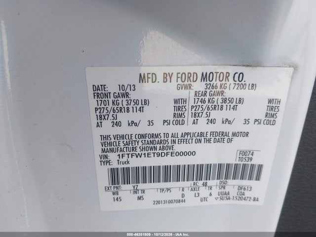 Продажа на аукционе авто 2013 Ford F-150 Xlt, vin: 1FTFW1ET9DFE00000, номер лота: 46351809