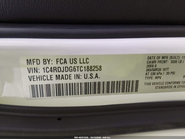 Продаж на аукціоні авто 2026 Dodge Durango Gt Awd, vin: 1C4RDJDG6TC188258, номер лоту: 46351829