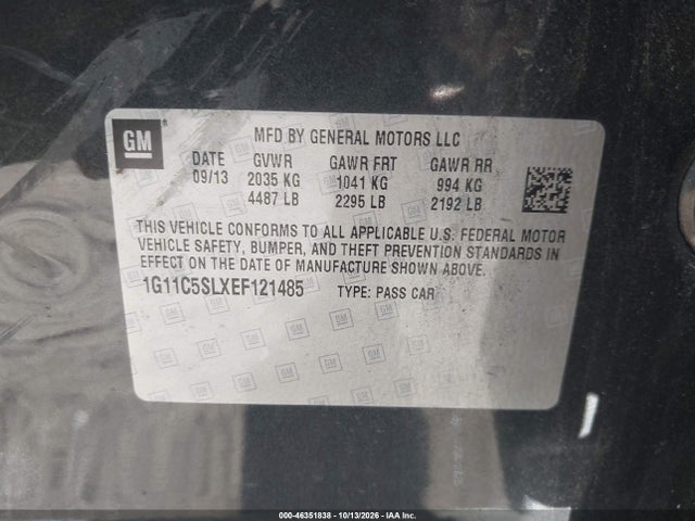 46351838 :رقم المزاد ، 1G11C5SLXEF121485 vin ، 2014 Chevrolet Malibu 1lt مزاد بيع