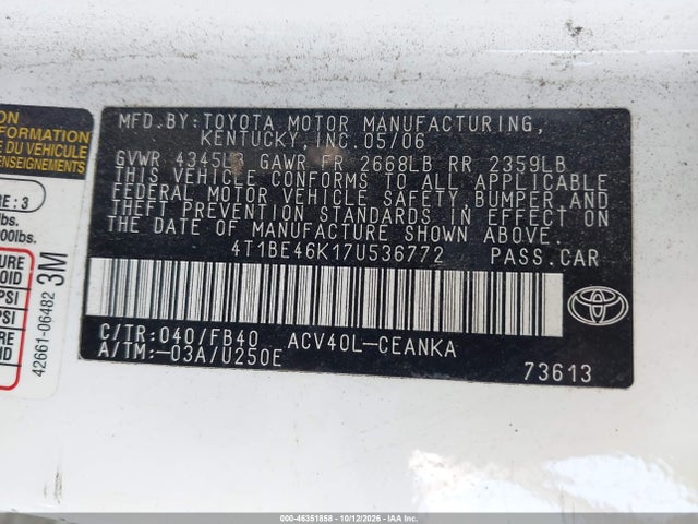 Продажа на аукционе авто 2007 Toyota Camry Le, vin: 4T1BE46K17U536772, номер лота: 46351858