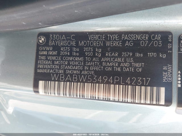 Продаж на аукціоні авто 2004 Bmw 330ci, vin: WBABW53494PL42317, номер лоту: 46351883