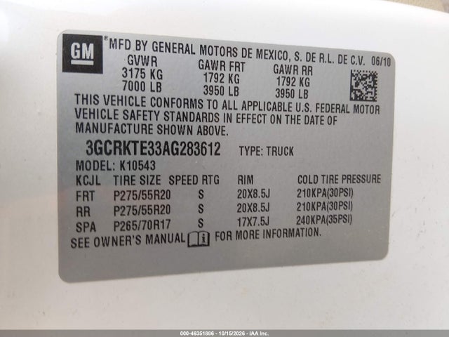 Auction sale of the 2010 Chevrolet Silverado 1500 Ltz, vin: 3GCRKTE33AG283612, lot number: 46351886