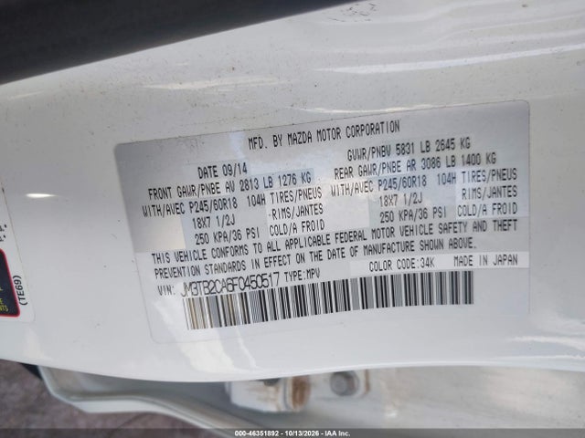 Продажа на аукционе авто 2015 Mazda Cx-9 Touring, vin: JM3TB2CA6F0450517, номер лота: 46351892