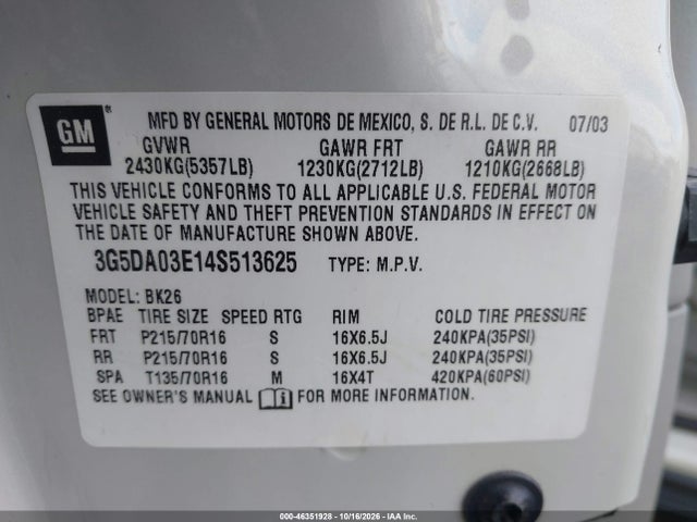 Продаж на аукціоні авто 2004 Buick Rendezvous Cx, vin: 3G5DA03E14S513625, номер лоту: 46351928