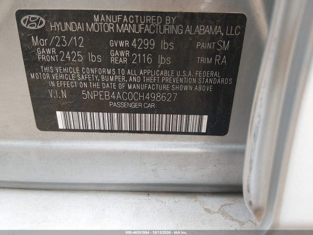 Aukcja sprzedaży 2012 Hyundai Sonata Gls, vin: 5NPEB4AC0CH498627, numer aukcji: 46351994