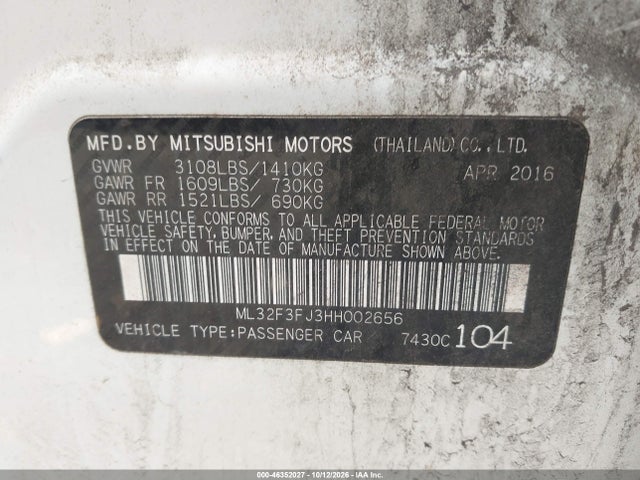 Продажа на аукционе авто 2017 Mitsubishi Mirage G4 Es, vin: ML32F3FJ3HH002656, номер лота: 46352027