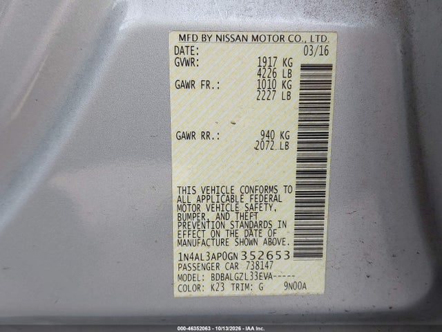 1N4AL3AP0GN352653 Nissan Altima 2.5/2.5 S/2.5 Sl/2.5 Sr/2.5 Sv