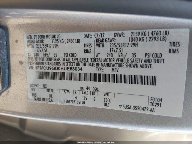 Продаж на аукціоні авто 2017 Ford Escape Se, vin: 1FMCU9GD0HUE68034, номер лоту: 46352149