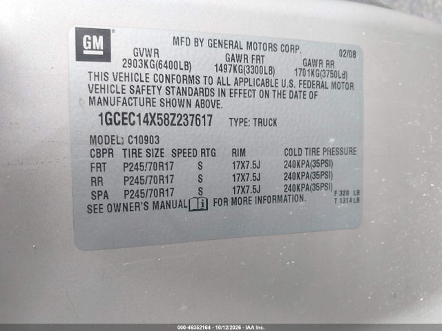 2008 Chevrolet Silverado 1500 Work Truck მანქანა იყიდება აუქციონზე, vin: 1GCEC14X58Z237617, აუქციონის ნომერი: 46352164