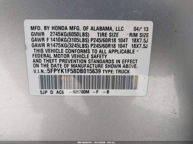 Продажа на аукционе авто 2013 Honda Ridgeline Rtl, vin: 5FPYK1F58DB015639, номер лота: 46352181
